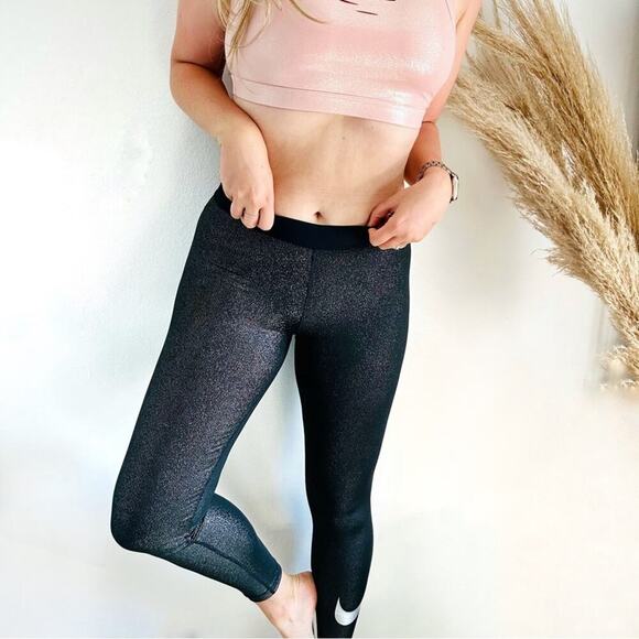 NIKE PRO Silver Sparkle DriFit Mid Rise Leggings Tights Running Gym Yoga Pants S - Picture 13 of 16